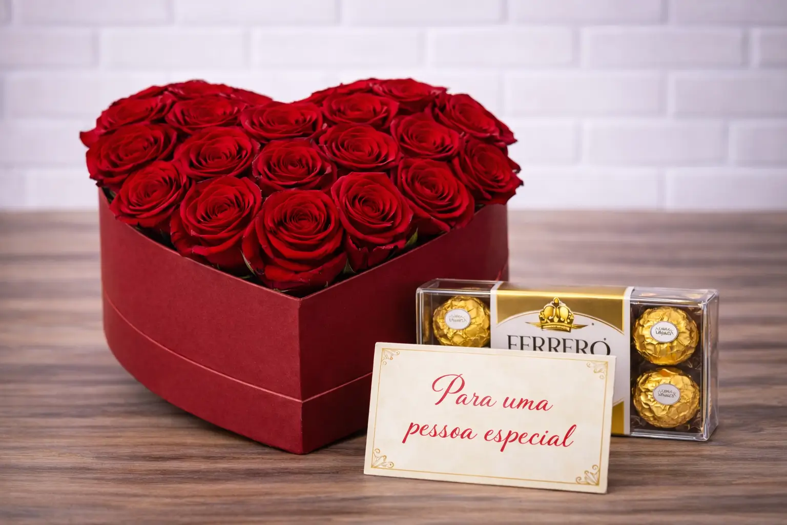 Caixa Coração Romântica com Rosas Vermelhas e Ferrero Rocher